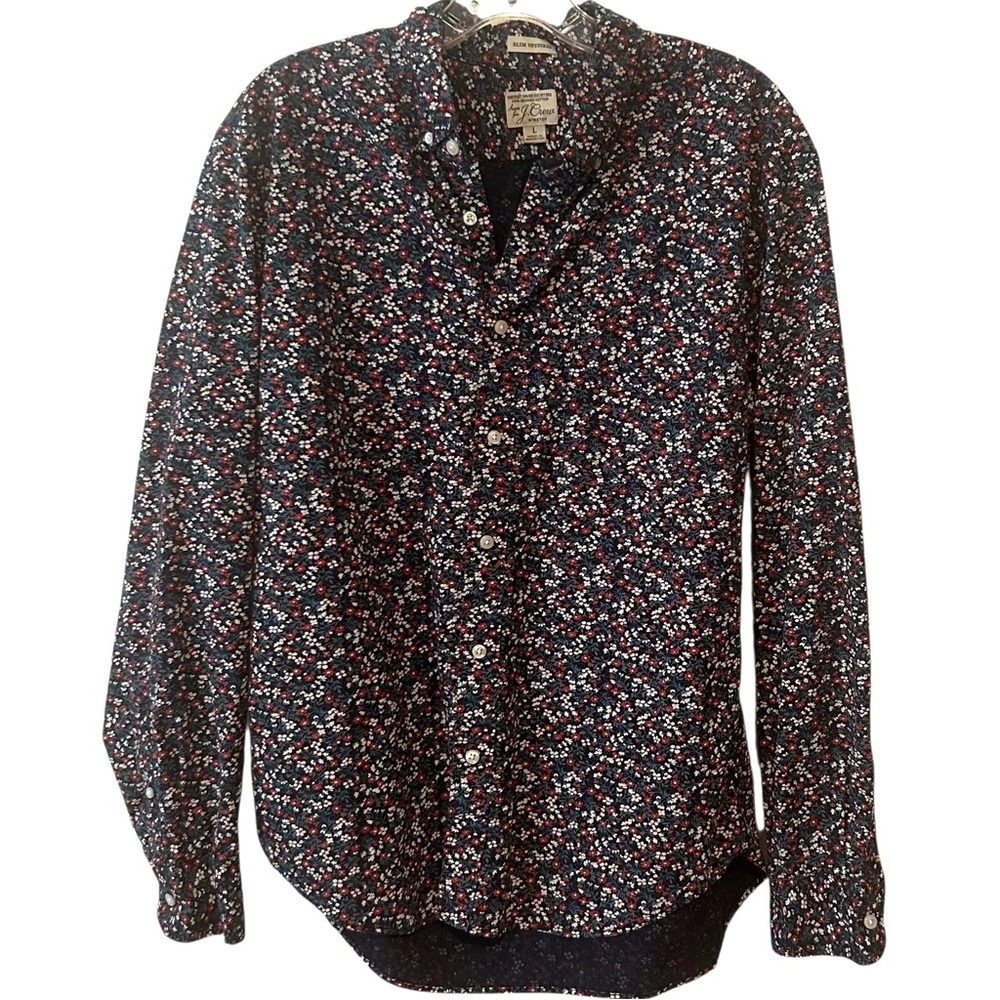 J. Crew Women's Blue and Red Floral Organic Cotton Stretch Button Down in Size L